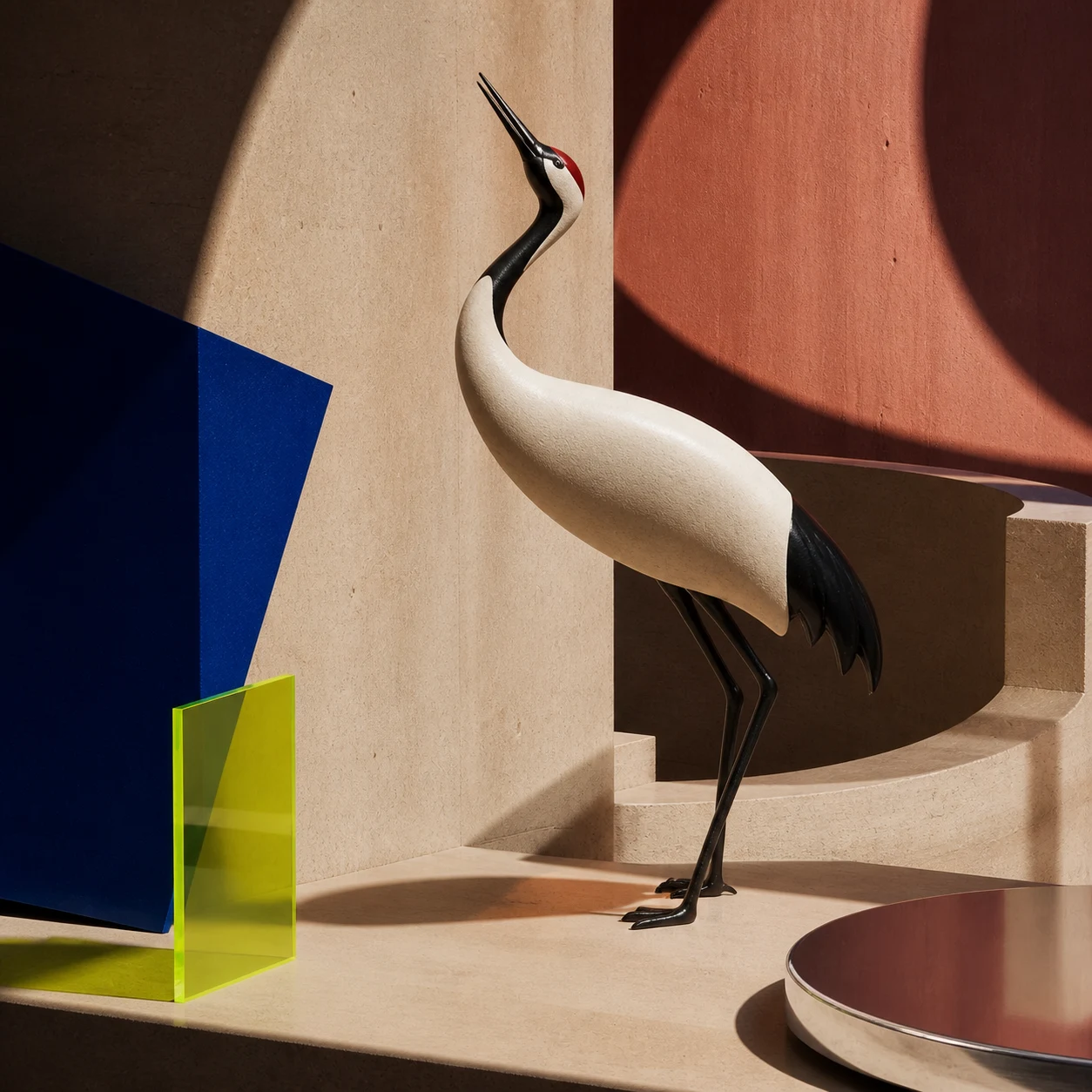 Sculptural red-crowned crane in geometric architecture