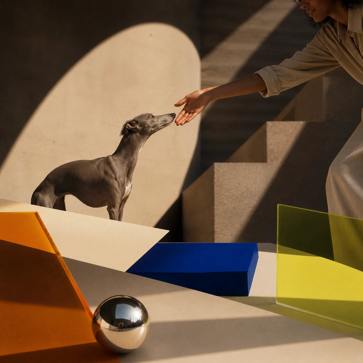 Person reaching toward a greyhound across colorful geometric forms