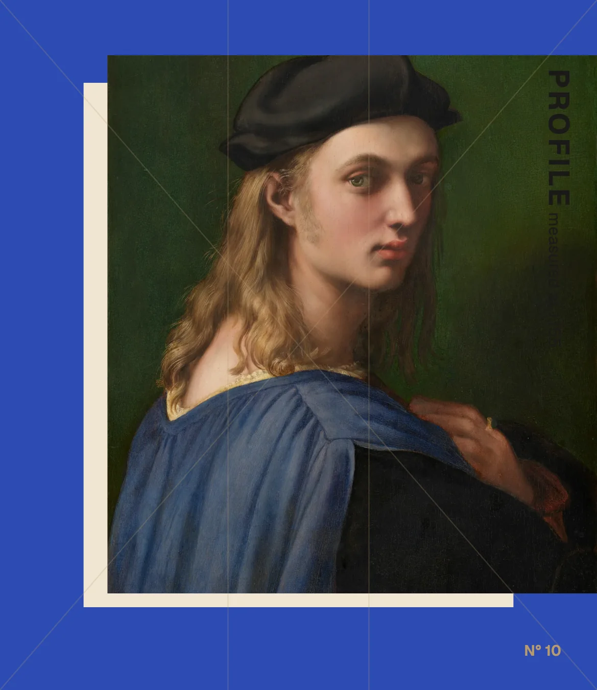 Classical portrait framed by cobalt blue, cream and a small gold measure.