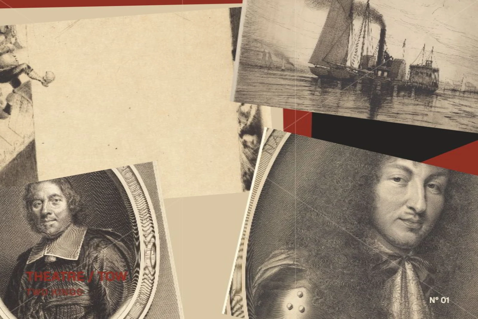 Four historic monochrome engravings exploded into overlapping theatrical, maritime and royal plates.
