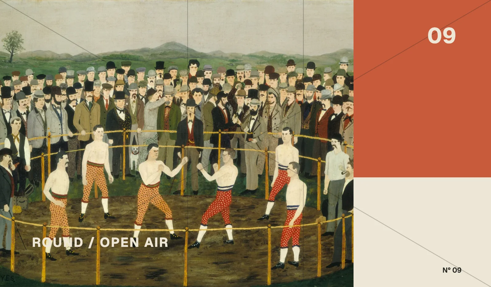Wide narrative painting of boxers divided by root fields and a muted green rail.