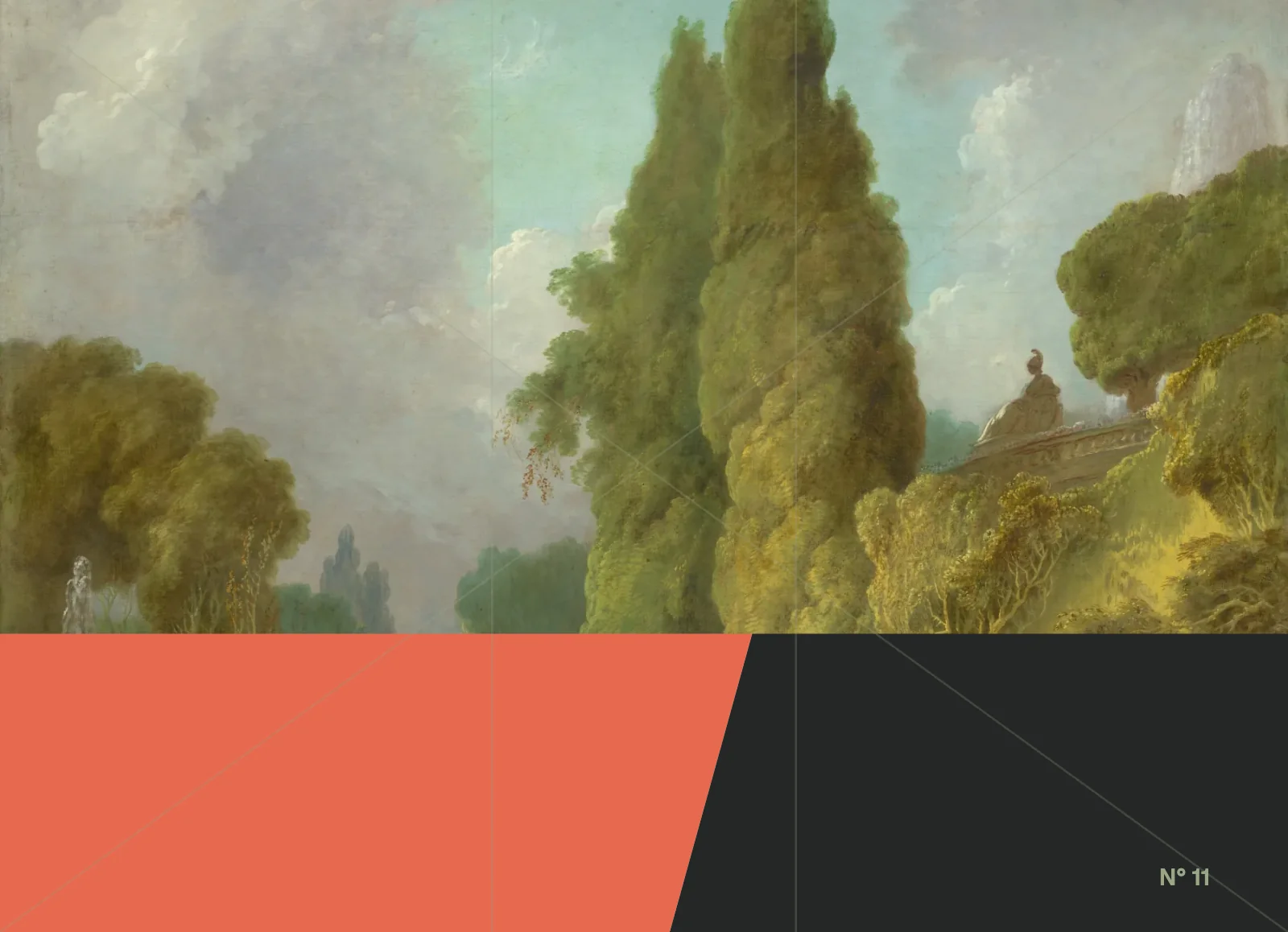 Figurative painting arranged with a coral field, dark edge and golden extension.