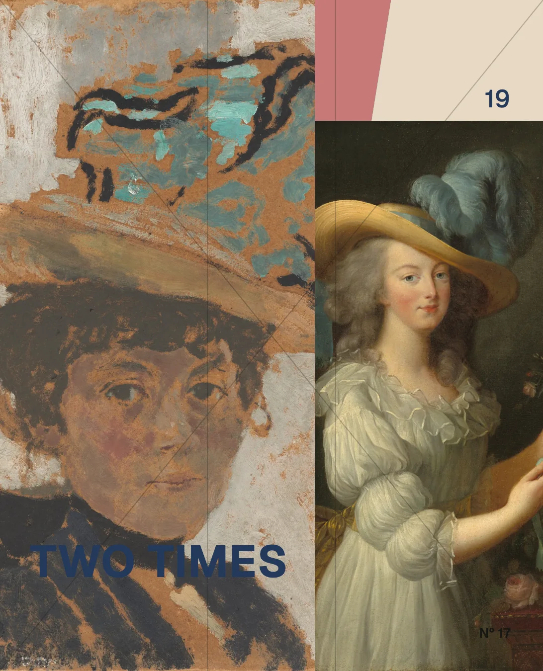 Two painted women arranged as a rose and blue editorial diptych.