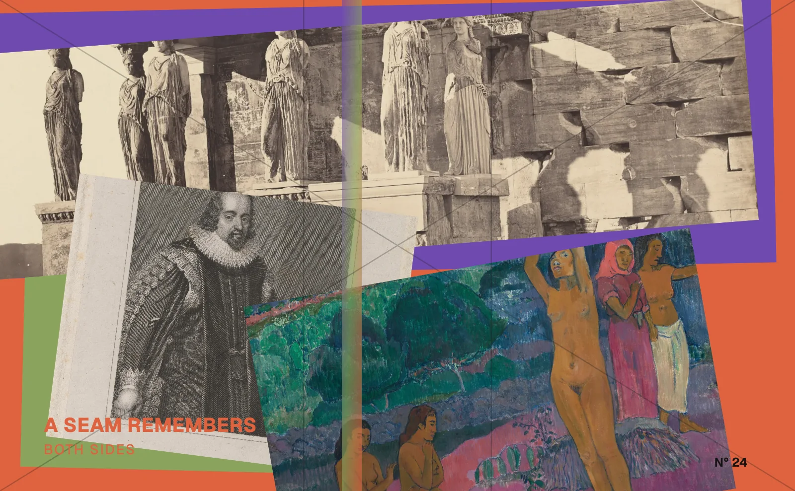 Three artworks exploded into offset plates around a translucent violet seam inside a golden rectangle.