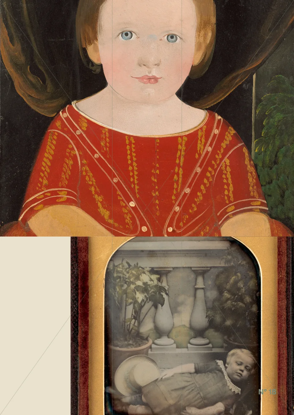 Two vintage child portraits divided by a gold threshold in a root two frame.