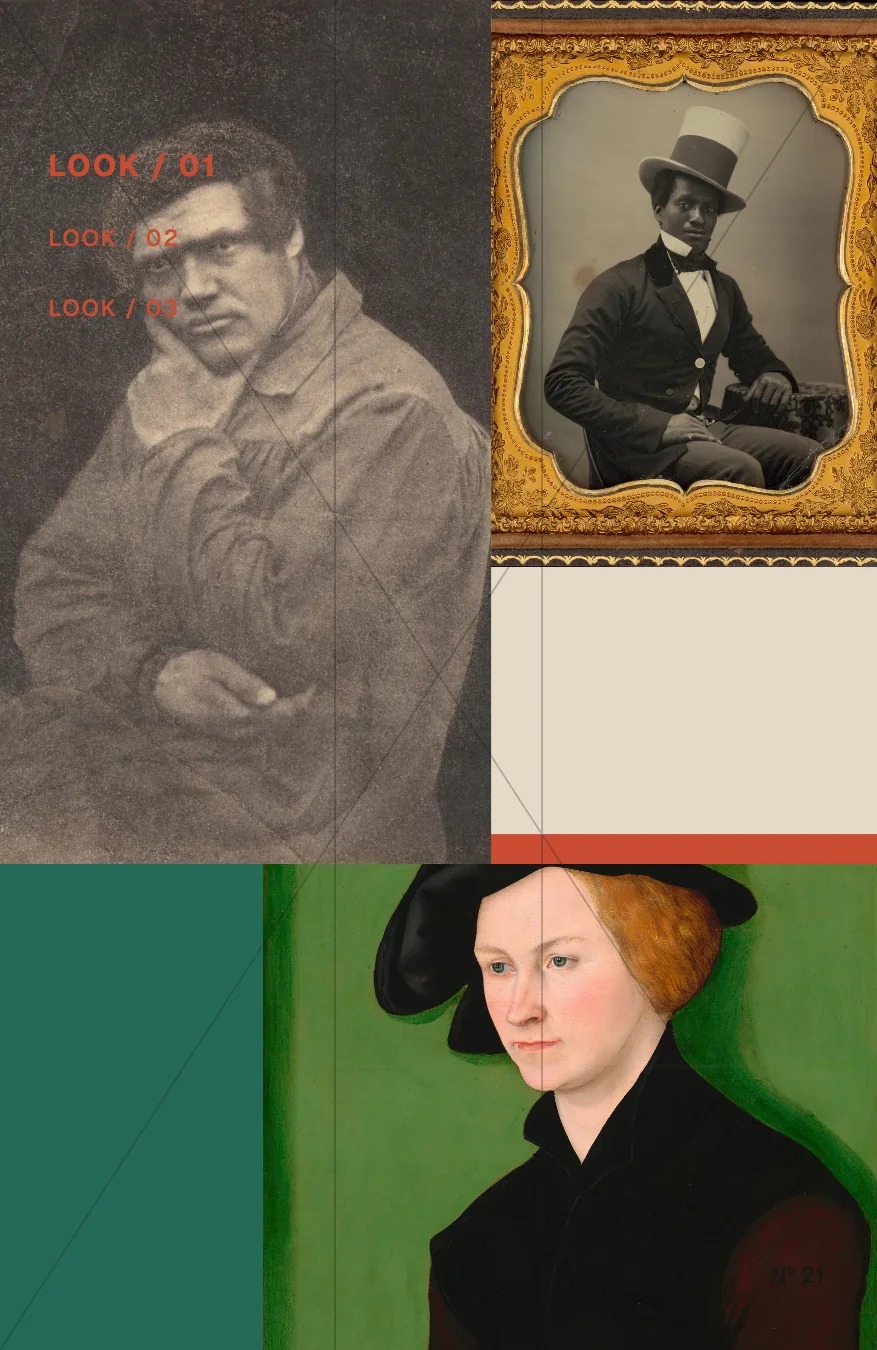 Three historic portraits in asymmetric crop windows linked by a deep green current.