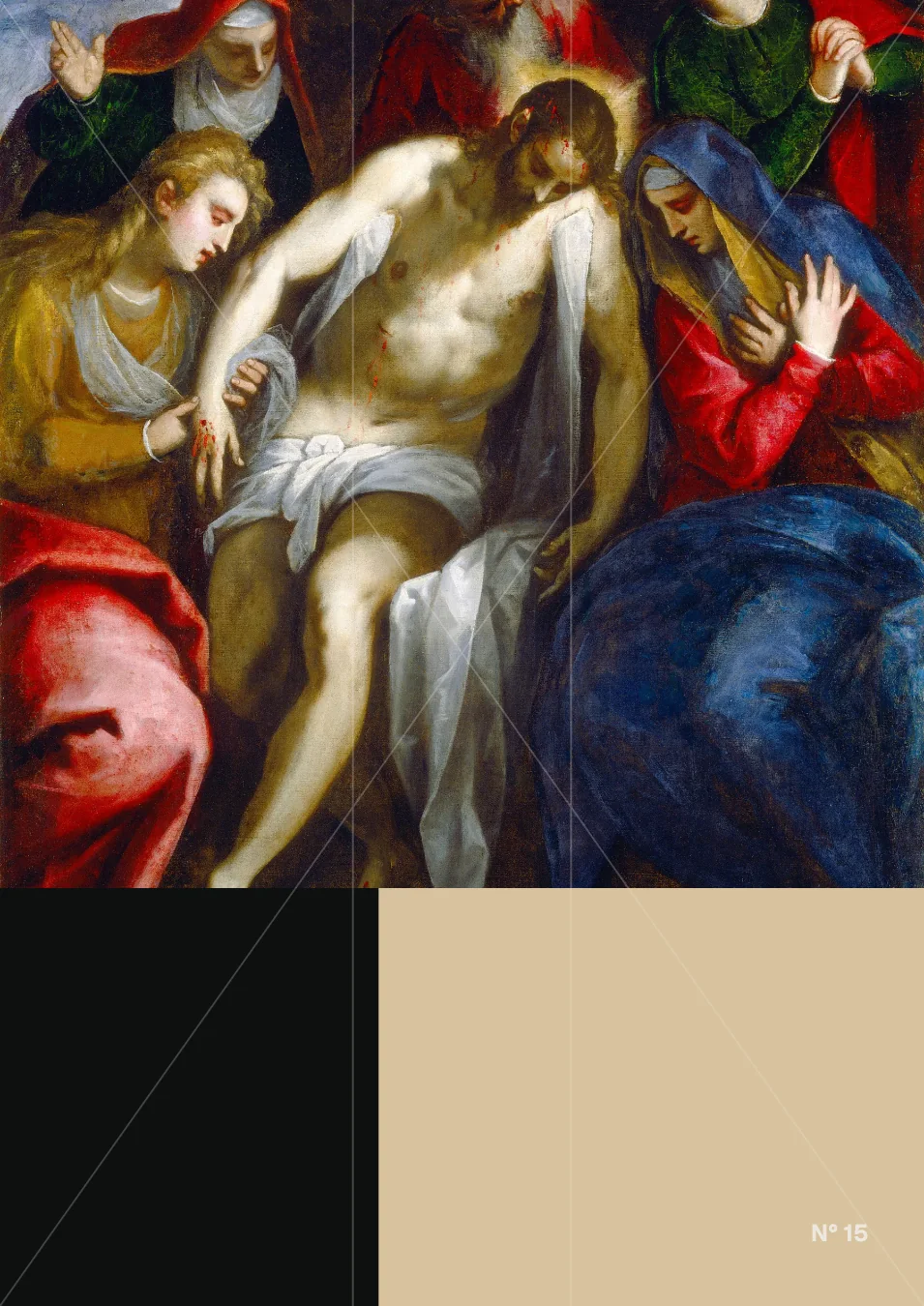 Dramatic religious painting cropped by a root two diagonal with black and red fields.