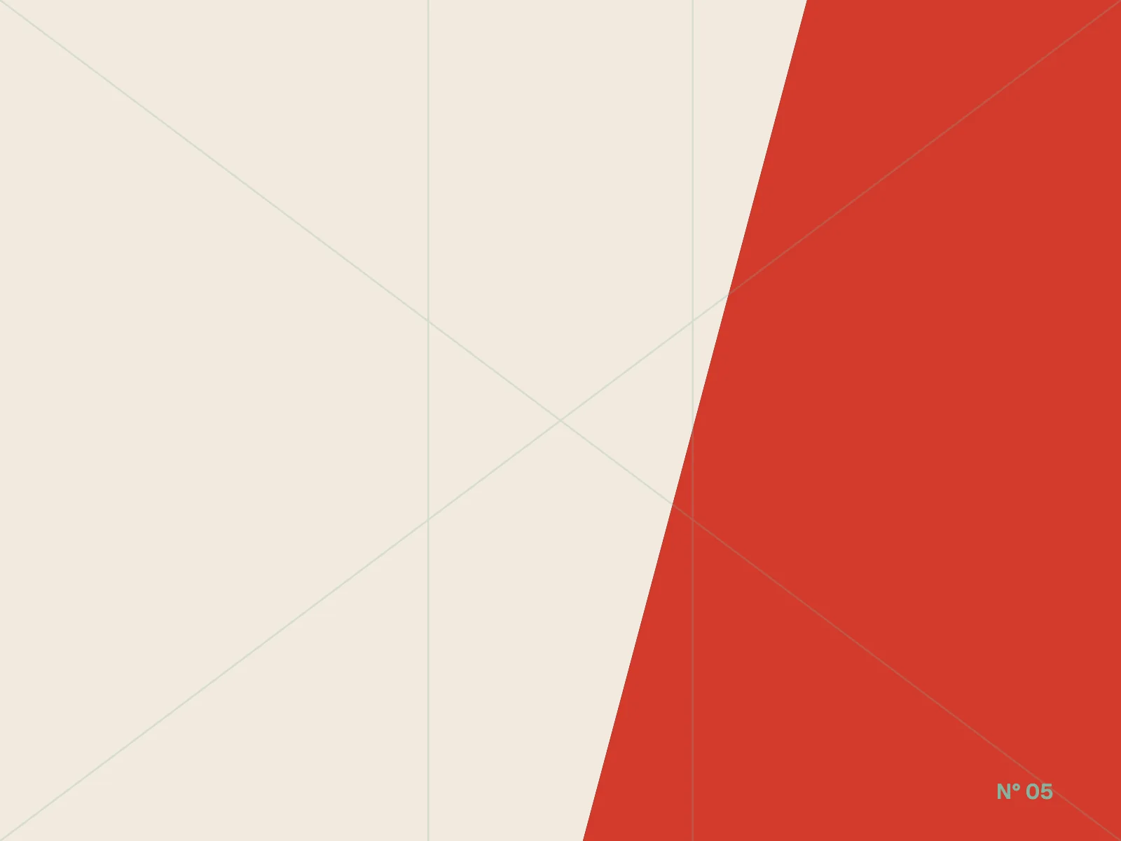 Asymmetric modular grid poster in paper white, red, black and muted green.
