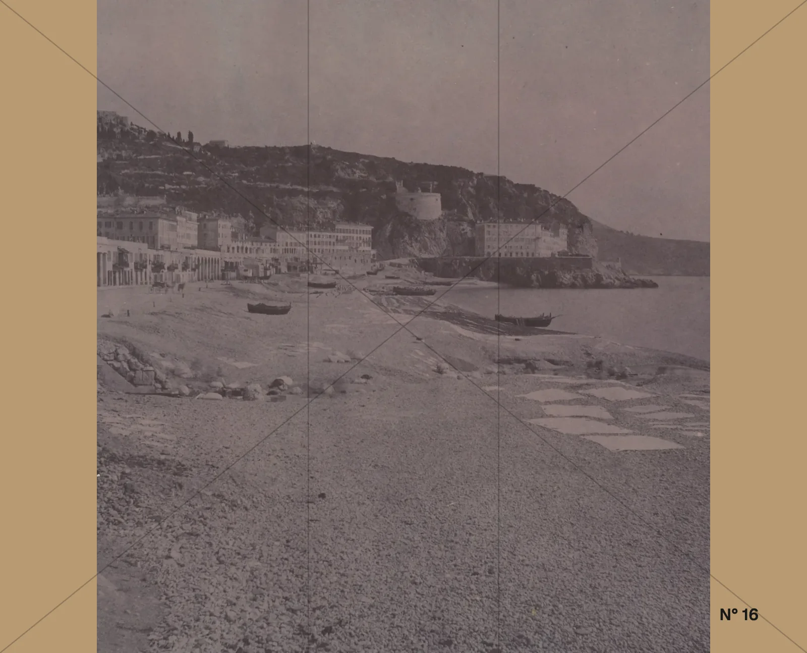 Sepia landscape of Nice divided into two golden fields with a dark green margin.