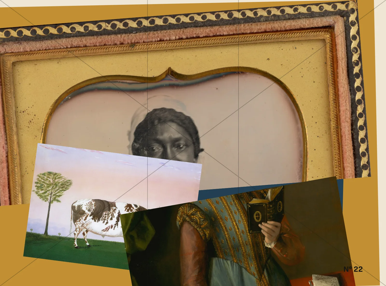 Two historic portraits and a prize bull exploded into overlapping, slightly rotated plates on ochre.