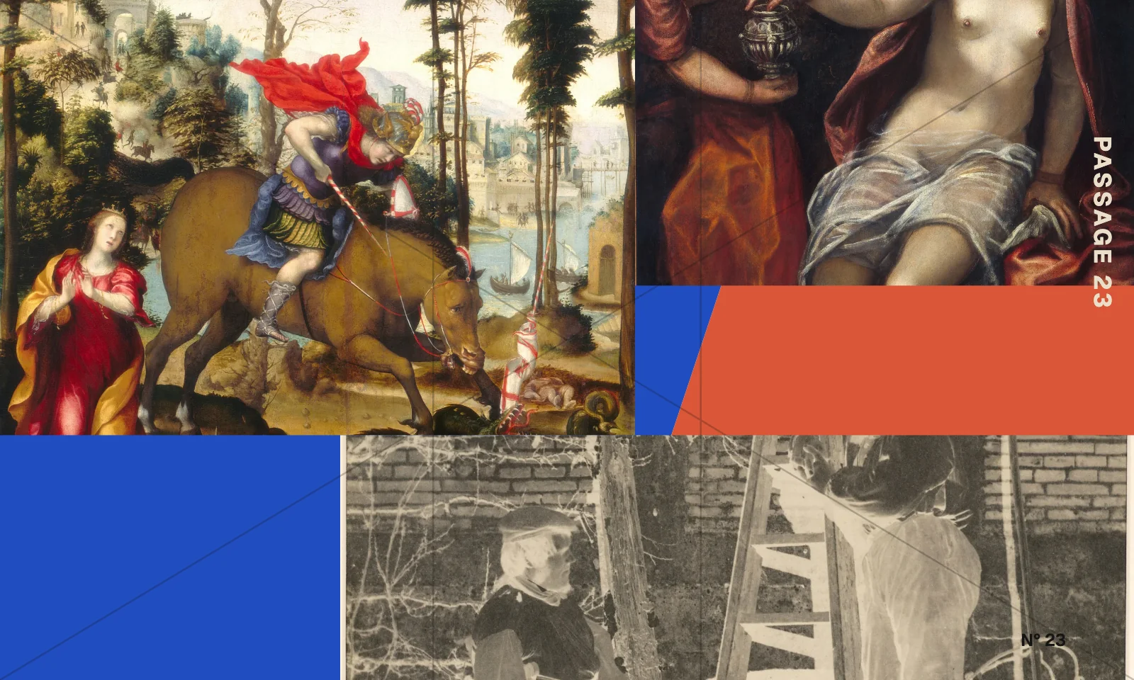 Three classical paintings cut by a blue diagonal in a five by three grid.