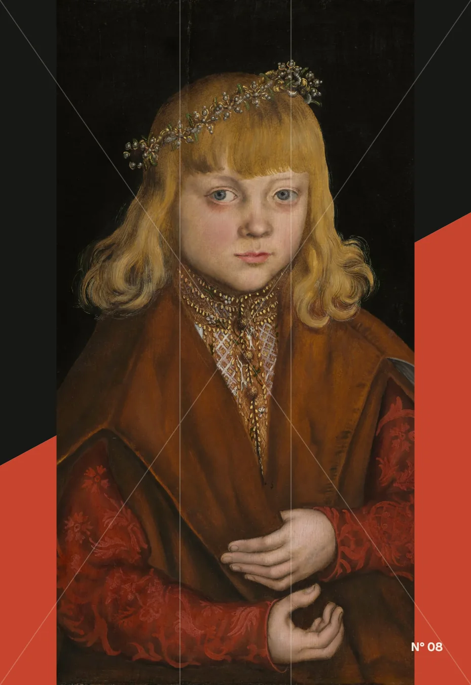 Renaissance portrait cropped against charcoal and terracotta proportional fields.