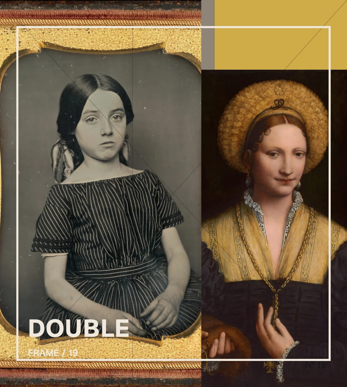Two antique female portraits nested inside silver, gold and paper frames.