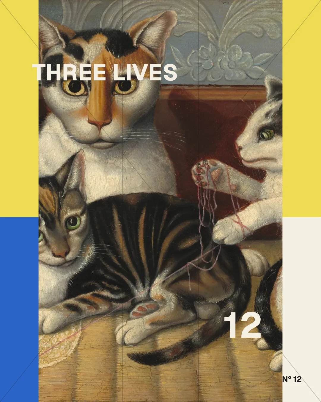 Playful cat painting inside a four by five grid with yellow and blue blocks.