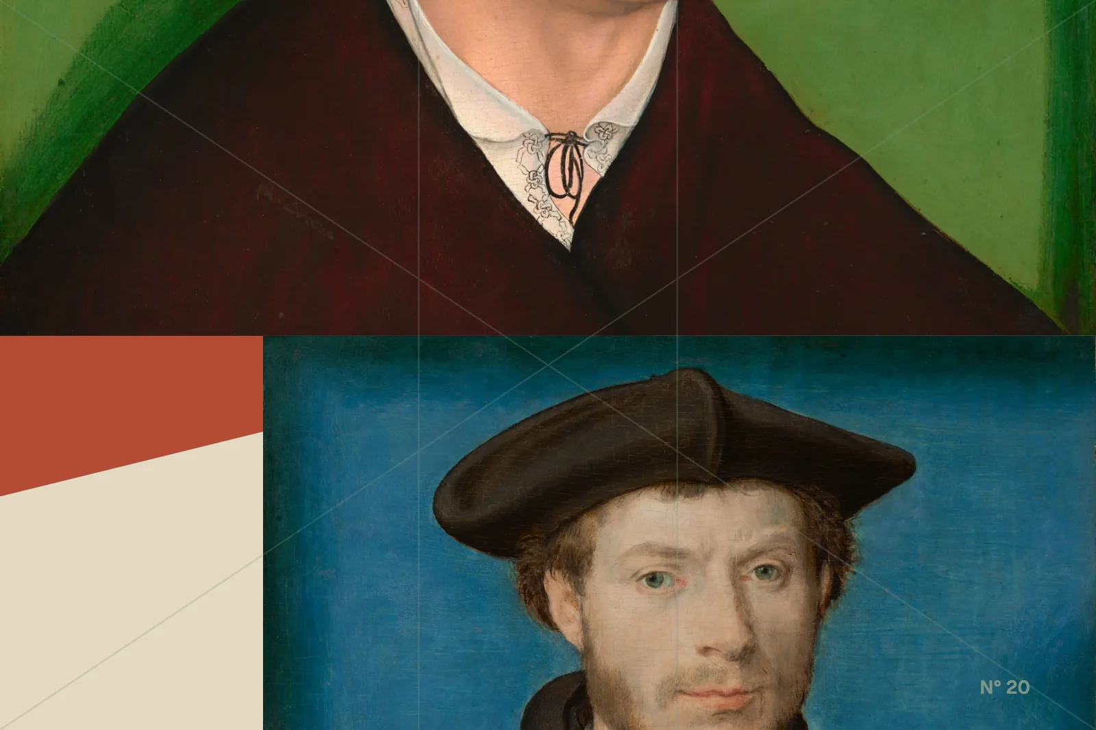 Two historic male portraits arranged around a terracotta axis in a modular field.